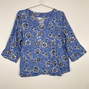 J Jill Shirt Womens XL Blue Floral Love Linen 3/4 Sleeve Scoop Neck Tunic Top